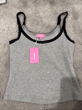 Edikted Gray Ribbed Tank with Black Lace Trim